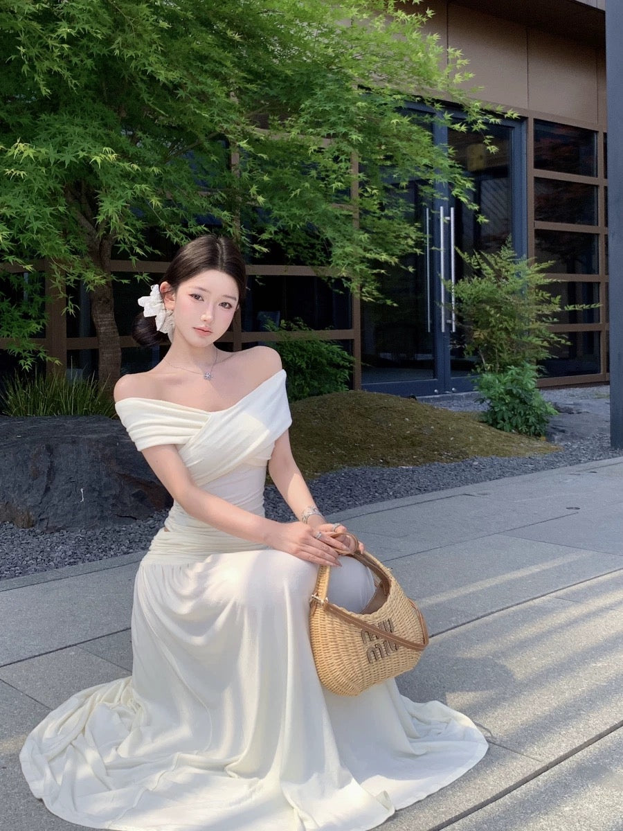 Cream Off Shoulder Top + Long Skirt Two Pieces Set