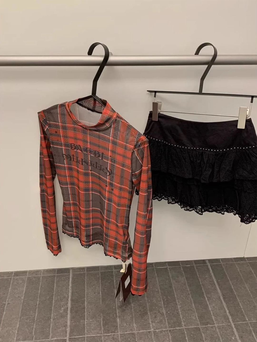 Mesh Grid Red Long Sleeve Top