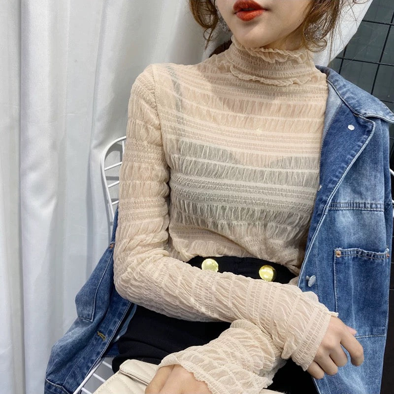 Halter Thin Mesh Puffy Long Sleeve Top