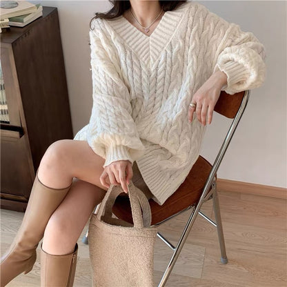 Beige V Collar Long Sleeve Knitted Top