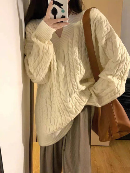 Beige V Collar Long Sleeve Knitted Top