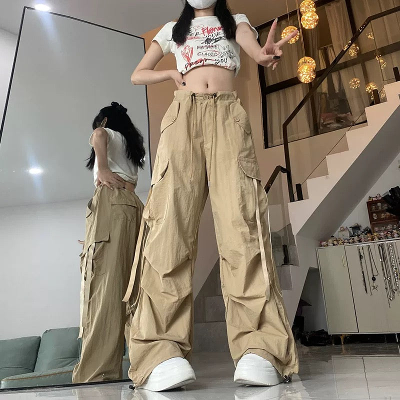 High Waist Strap Cargo Long Pants (Red, Black, Khaki)