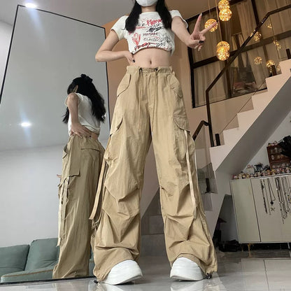 High Waist Strap Cargo Long Pants (Red, Black, Khaki)