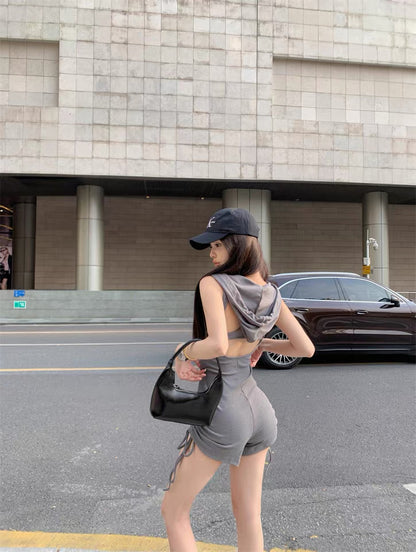 Sleevless Hat Romper (Black,Grey)