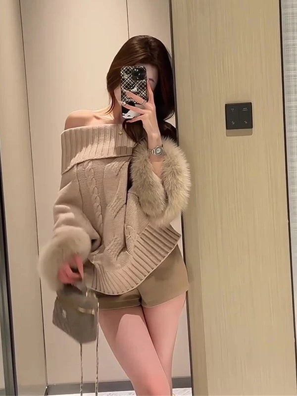 Fur Sleeve Multi Wear Collar Knitted Top (Cream, Brown)