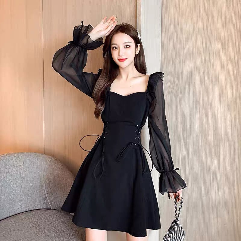 Black Side Lace Up Mesh Sleeve Dress (L, XL)