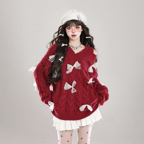 Mesh Beige Ribbon Red Knitted Long Sleeve Top