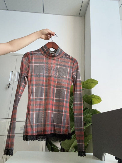 Mesh Grid Red Long Sleeve Top