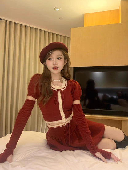 Red Knitted Crop Top + Skirt + Glove Three Piece Set