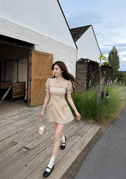 Khaki Puff Sleeve Mini Dot Dress