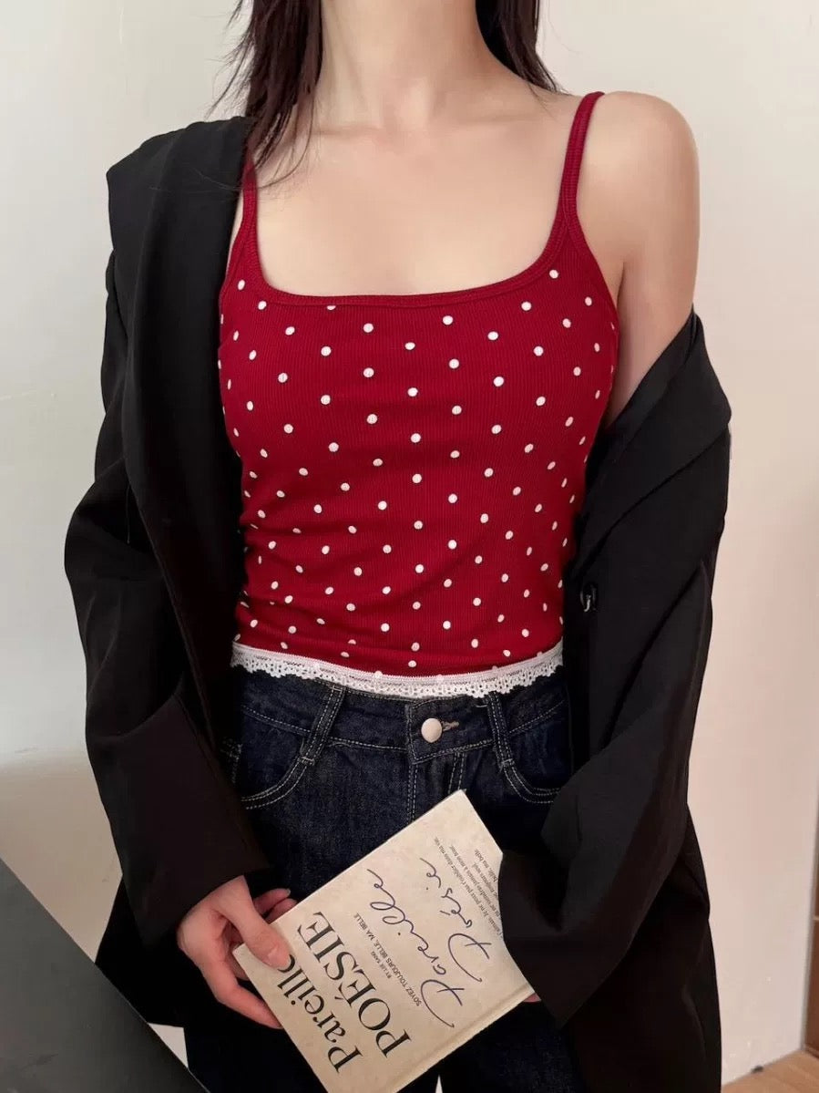 White Polka Dot Red Strap Top