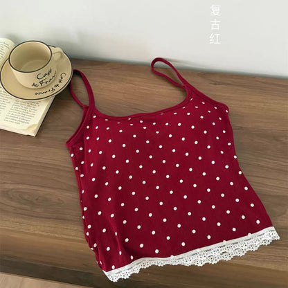 White Polka Dot Red Strap Top