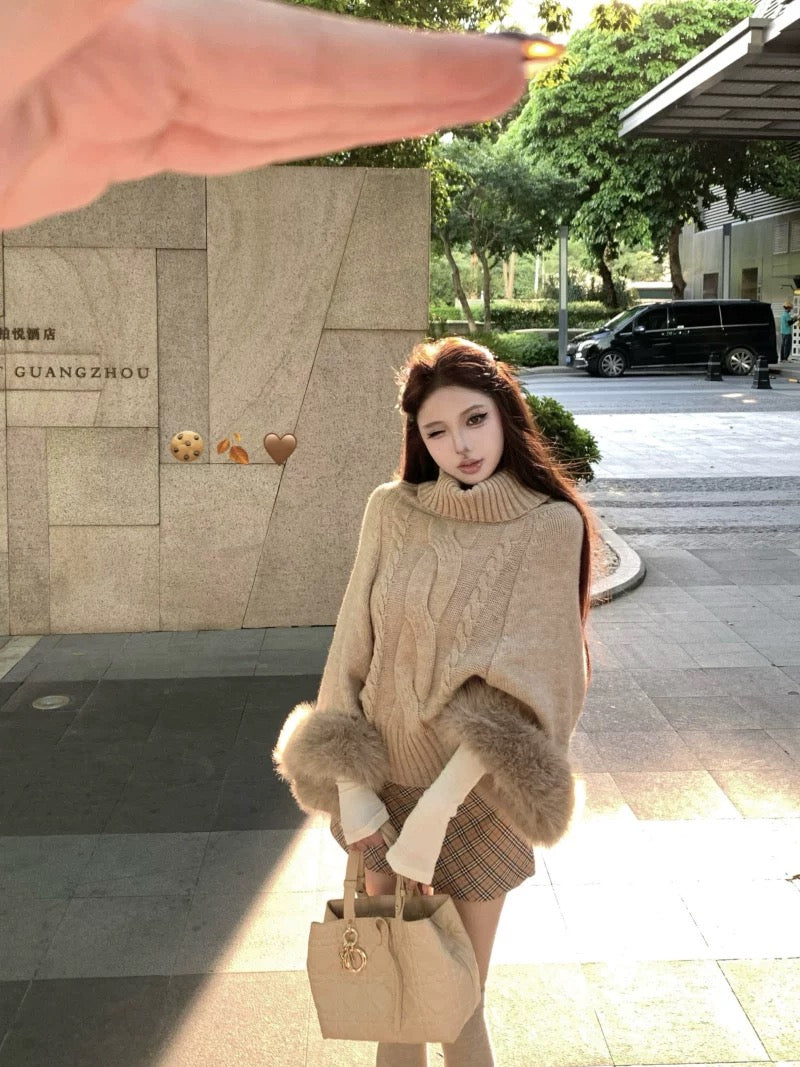 Fur Sleeve Multi Wear Collar Knitted Top (Cream, Brown)