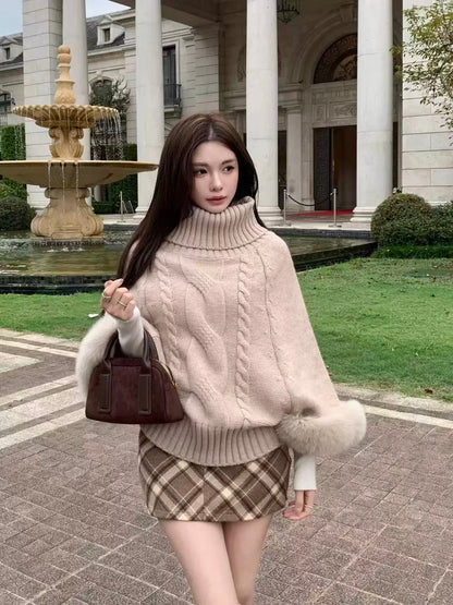 Fur Sleeve Multi Wear Collar Knitted Top (Cream, Brown)