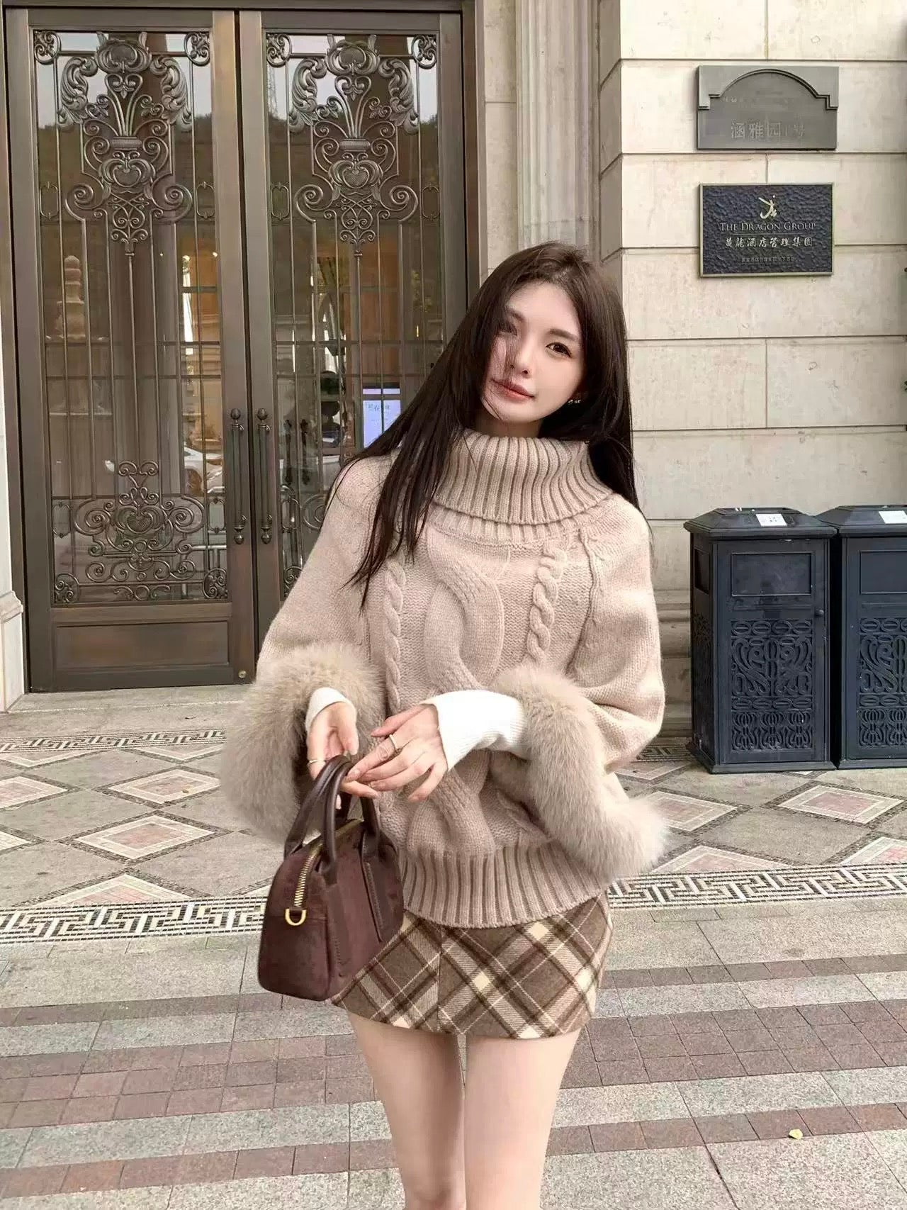 Fur Sleeve Multi Wear Collar Knitted Top (Cream, Brown)