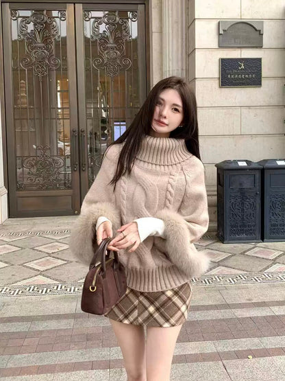 Fur Sleeve Multi Wear Collar Knitted Top (Cream, Brown)
