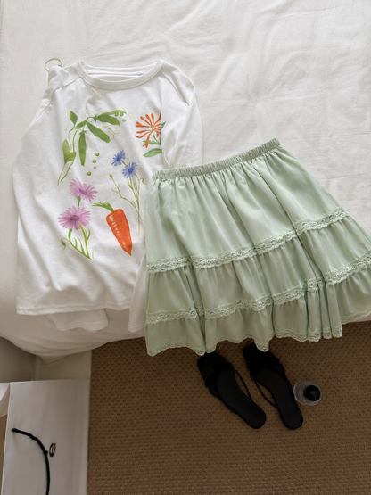 White Top + Green Skirt Two Piece Set