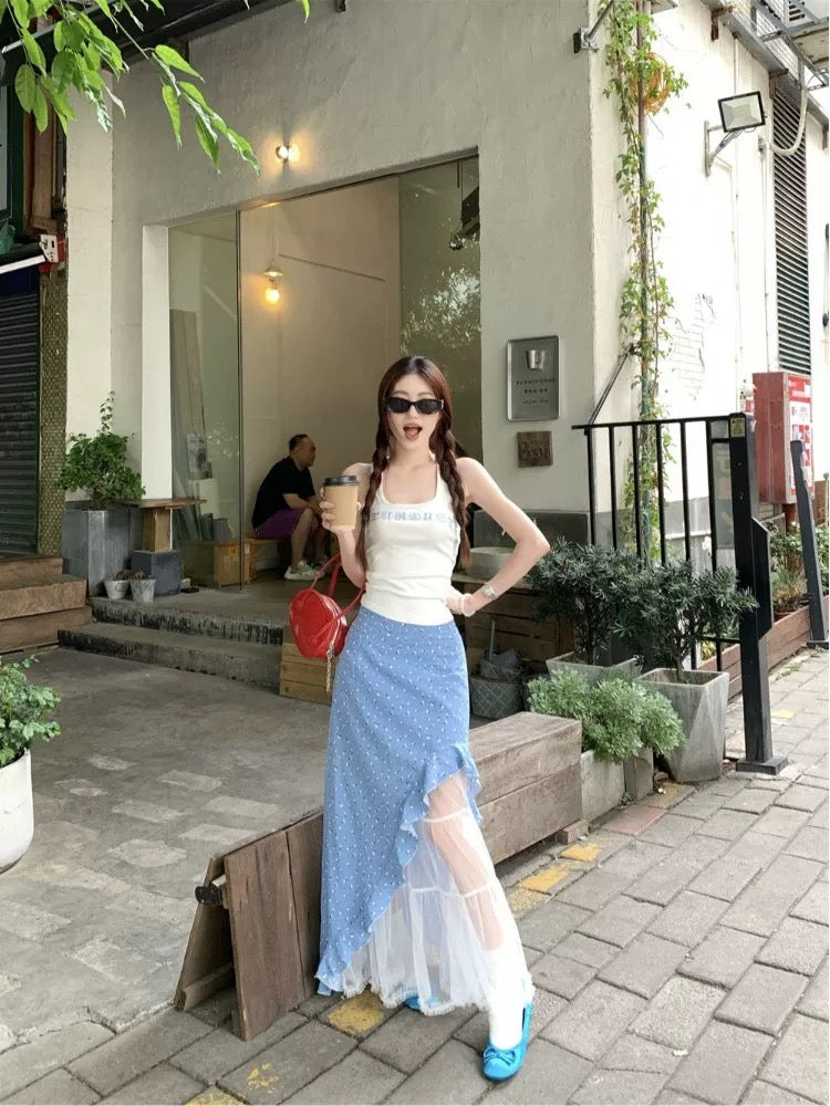 Lora Side Cut Mix Mesh Blue Long Skirt (M)