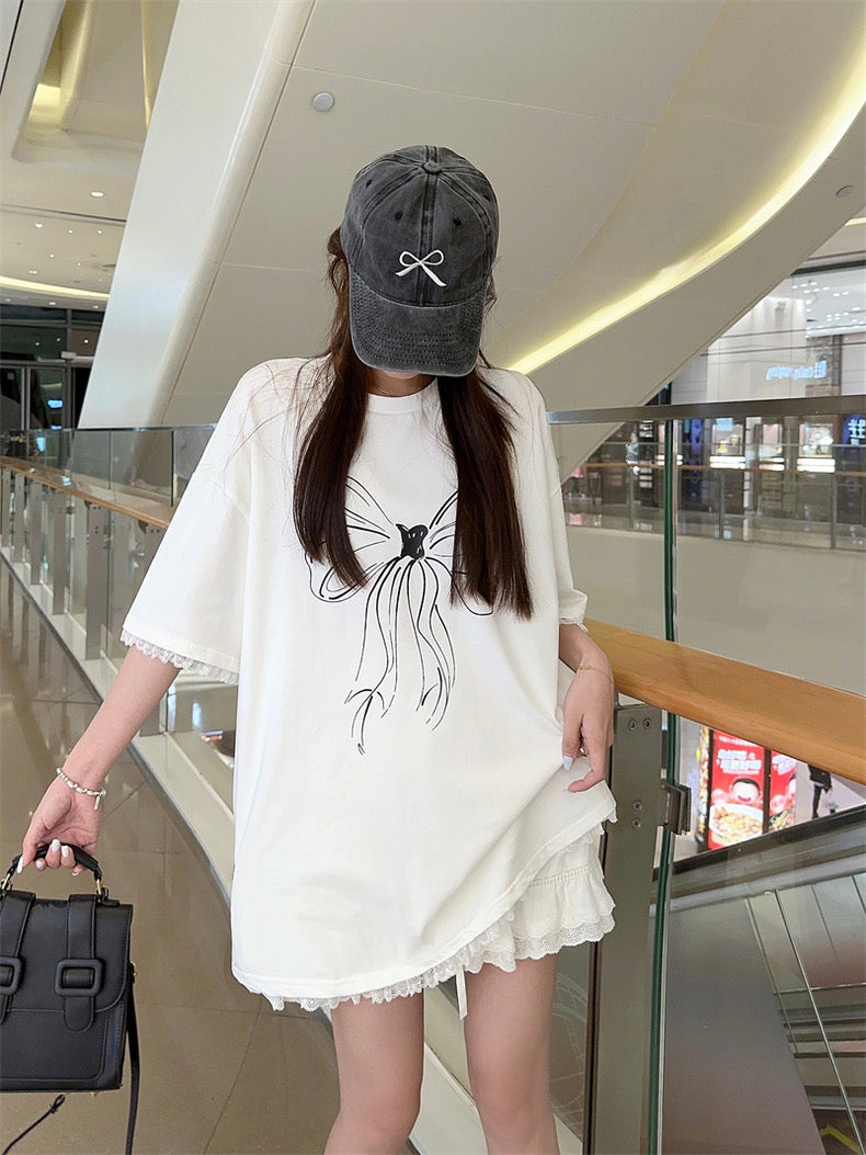 White Ribbon Oversize T Shirt Top