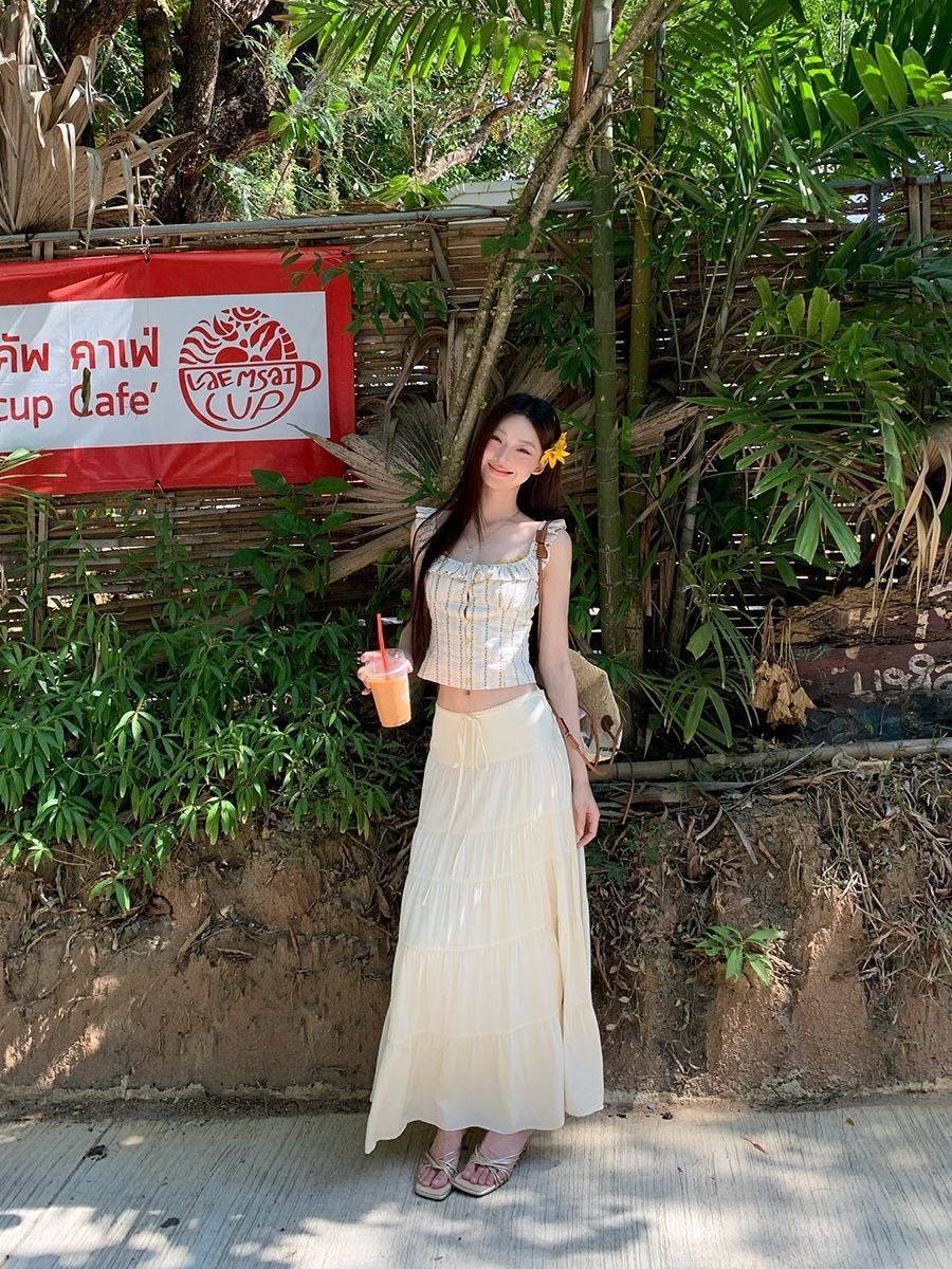 Beige Top + Long Skirt Two Piece Set