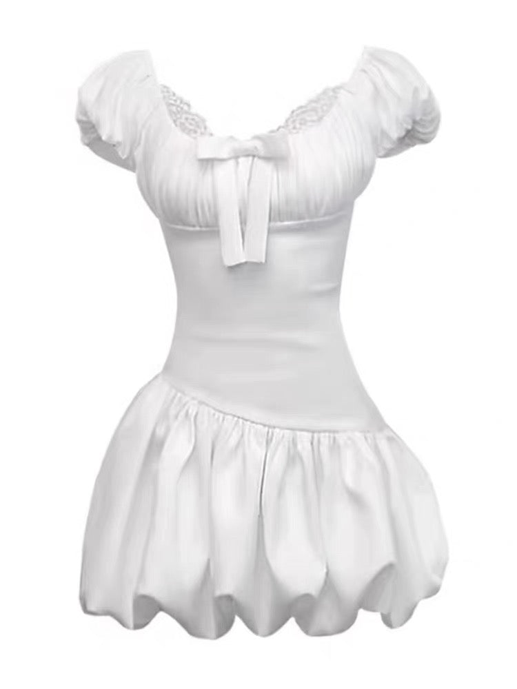 Silk White Puff Sleeve Mini Dress + Shorts Two Piece Set (S)