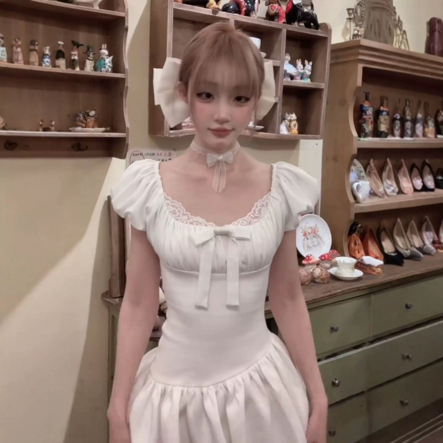 Silk White Puff Sleeve Mini Dress + Shorts Two Piece Set (S)