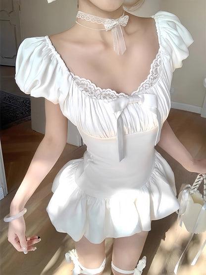 Silk White Puff Sleeve Mini Dress + Shorts Two Piece Set (S)