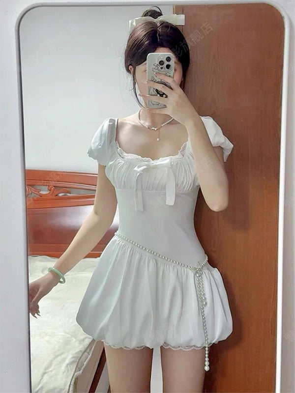 Silk White Puff Sleeve Mini Dress + Shorts Two Piece Set (S)