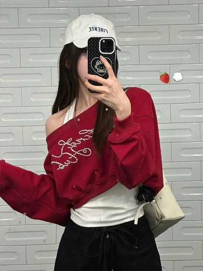 Wine Red Long Sleeve Crop Top+White Inner Top