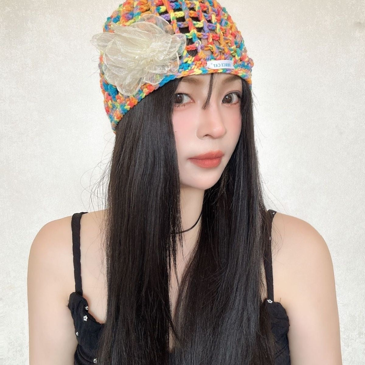 H37 Rainbow Knitted Flower Hat