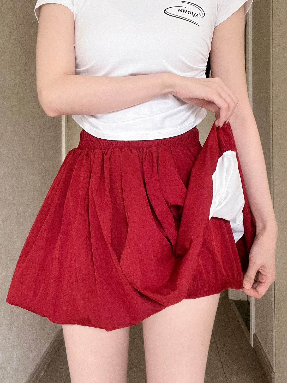 Thin High Waist Lantern Skort Skirt SK14 (Red)