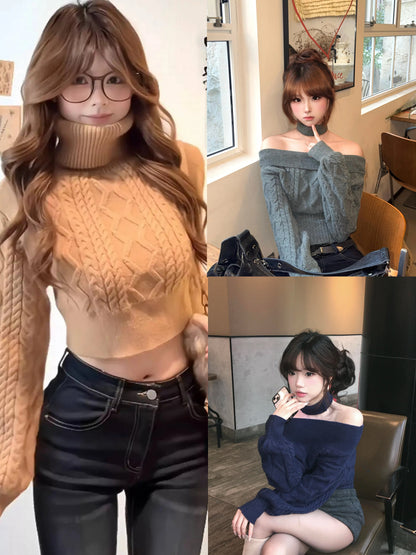 Multi Wear Off Shoulder Long Sleeve Crop Knitted Top With Collar