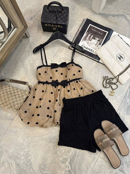 Polka Dot Strap Coffee Tube Top + Inner Shorts