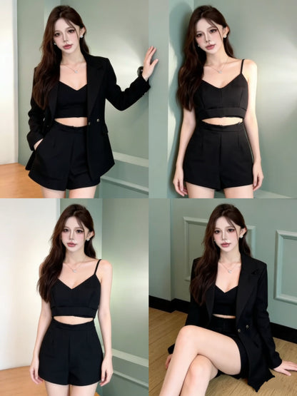 Top + Cardigan + Short Three Piece Set (Blue, Black)