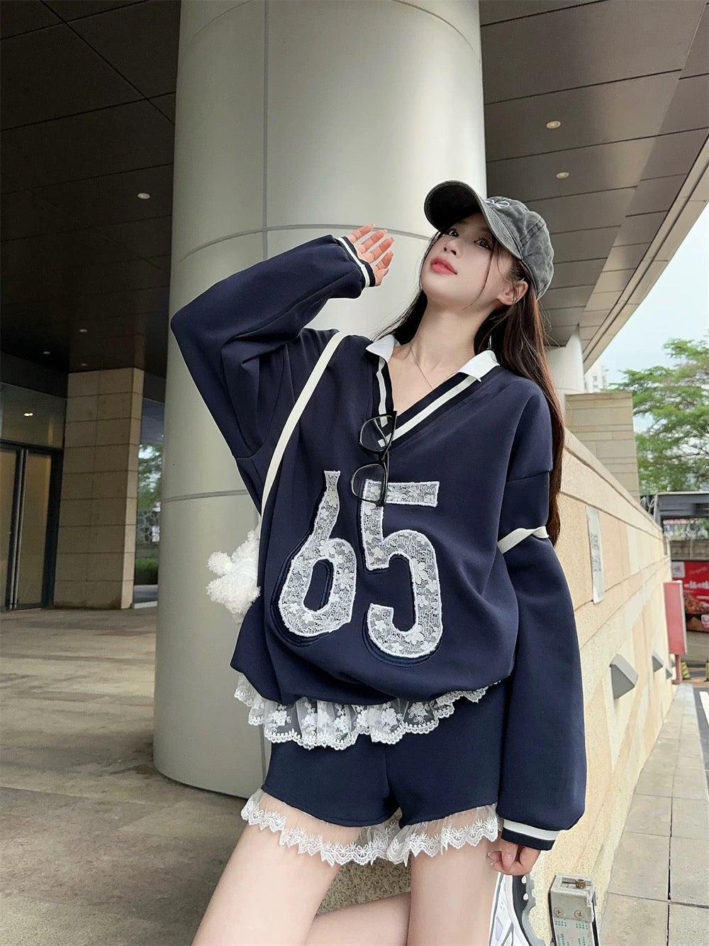 No.65 Premium Navy Sweater Top + Shorts Two Piece Set