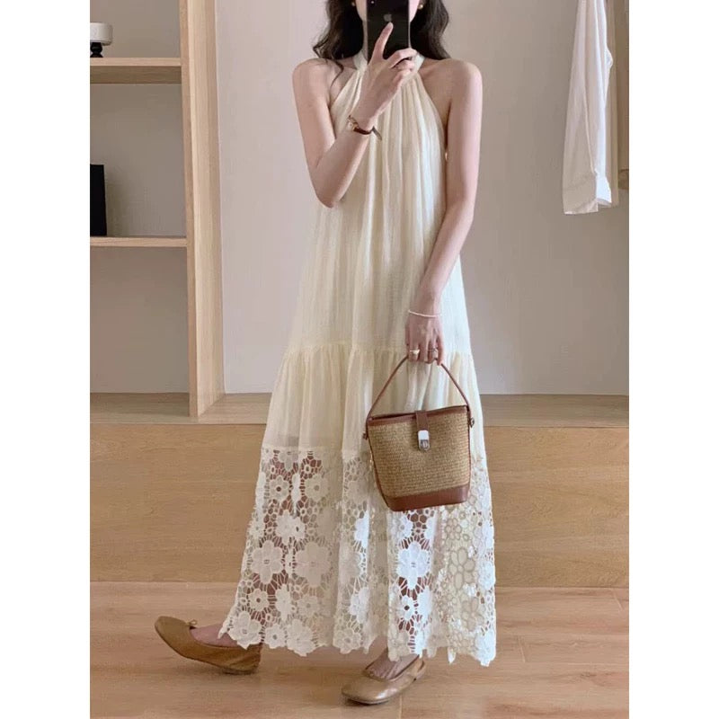 Beige Embroidery Floral Long Dress