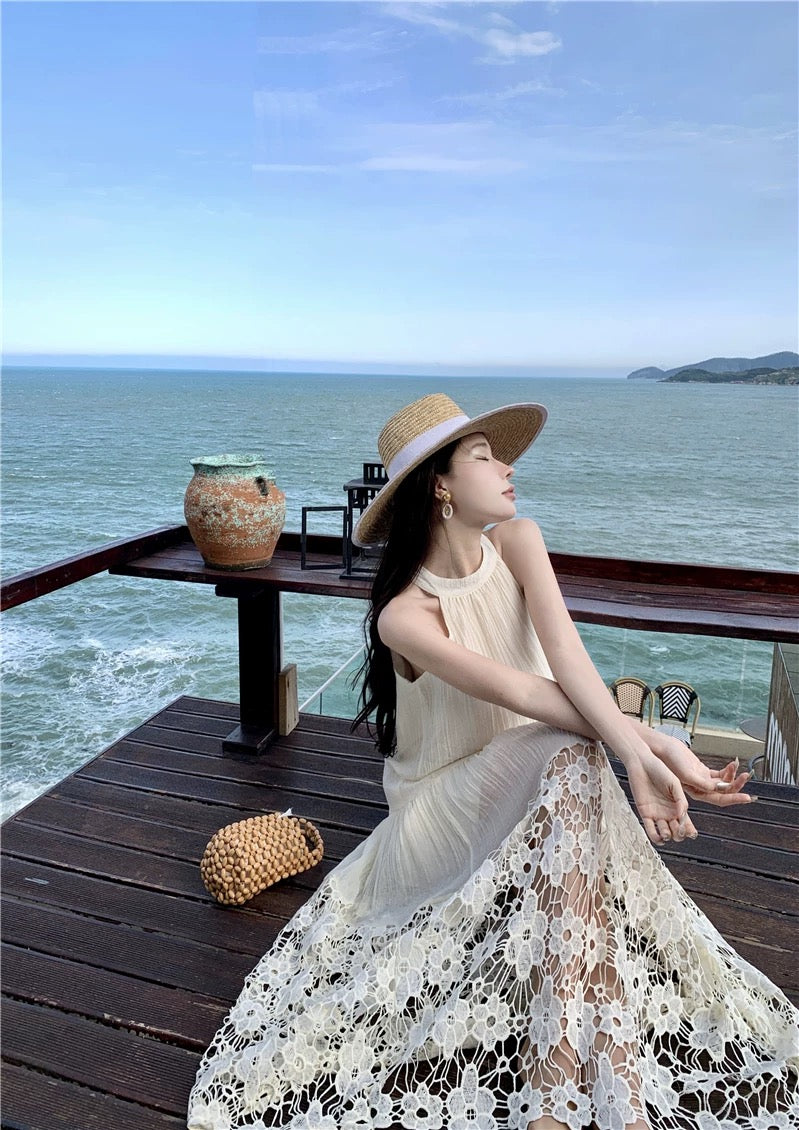 Beige Embroidery Floral Long Dress