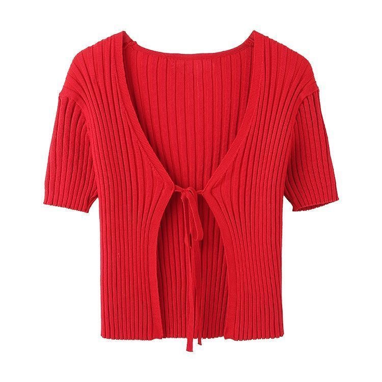 Red Short Sleeve Knitted Cardigan