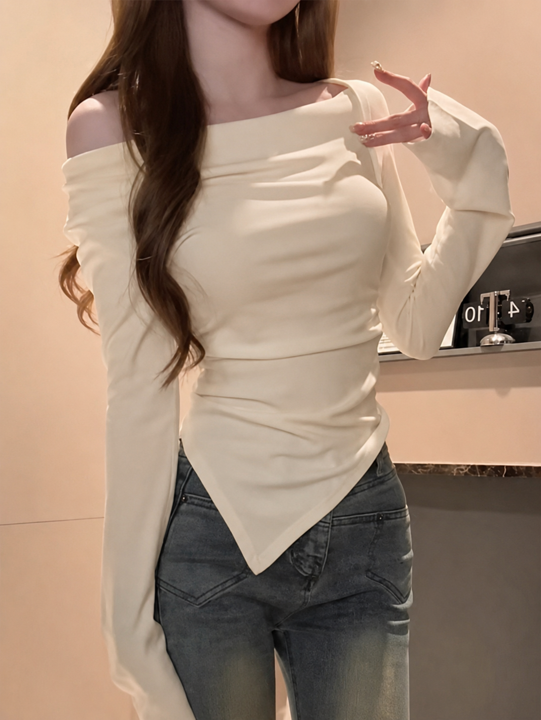 Beige Off Side Shoulder Long Sleeve Top