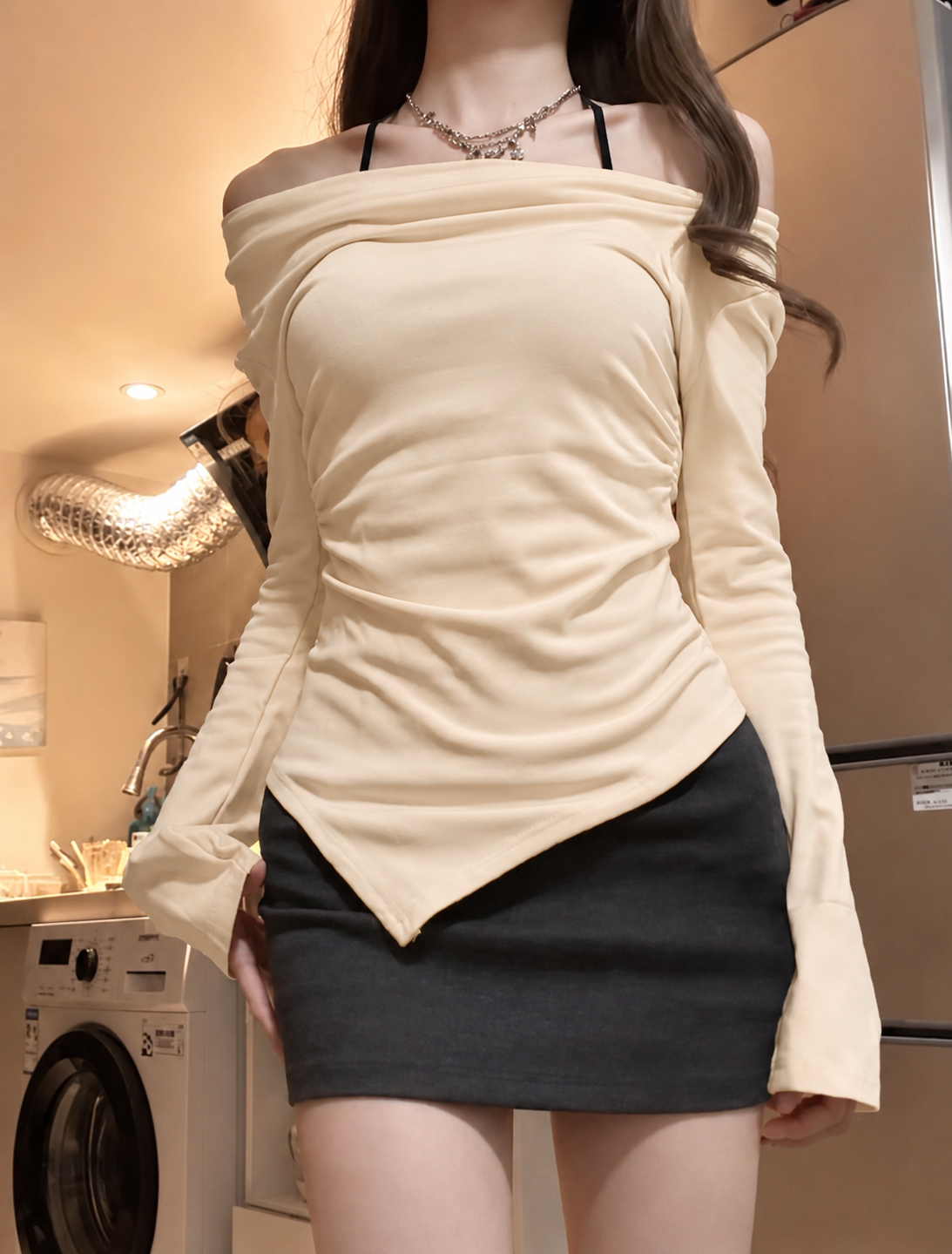 Beige Off Side Shoulder Long Sleeve Top