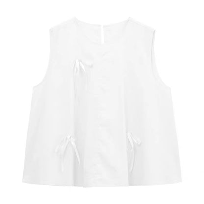 White Ribbons Sleeveless White Top + Skirt Two Piece Set