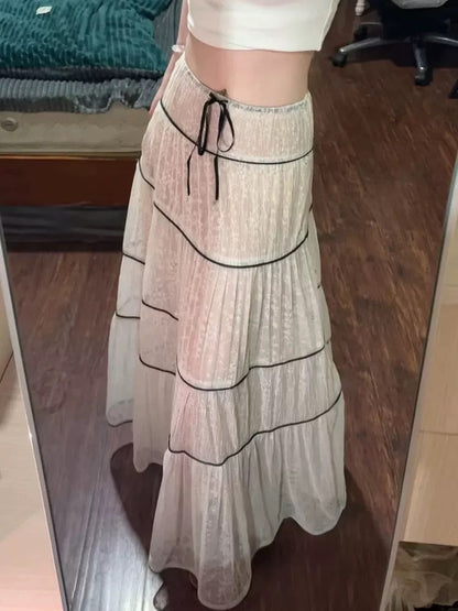 White Laces Black Ribbon Long Skirt SK31