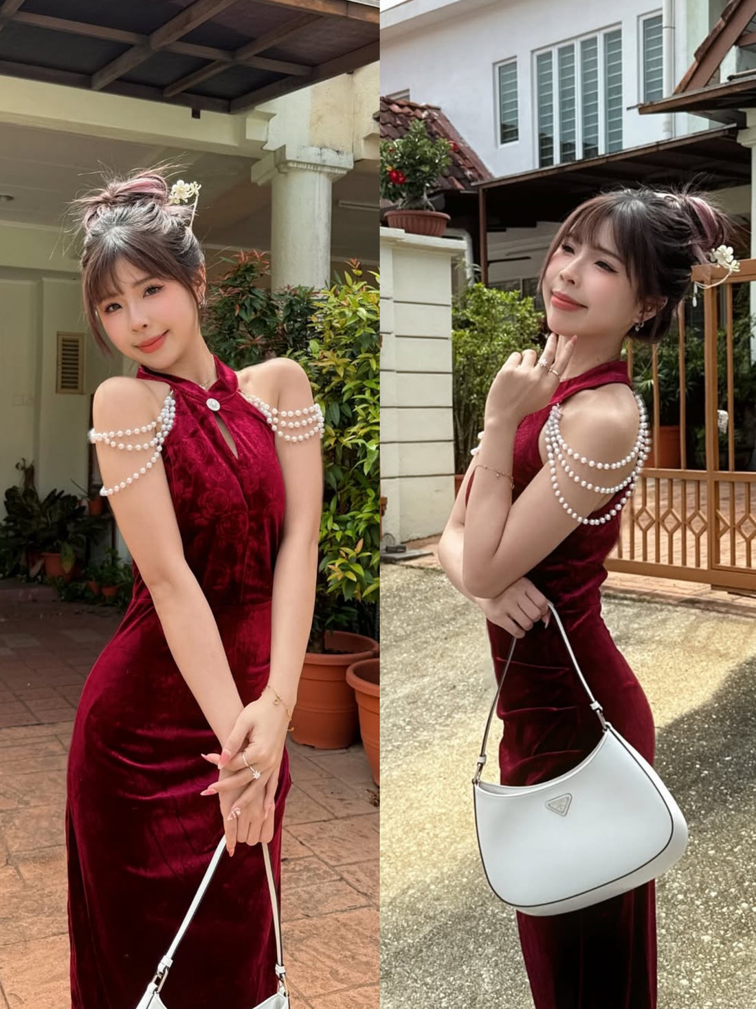 Pearl Strap Halter Collar Cheongsam Long Dress (S)