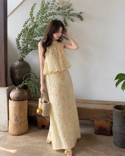Yellow Floral Top + Long Skirt Two Piece Set
