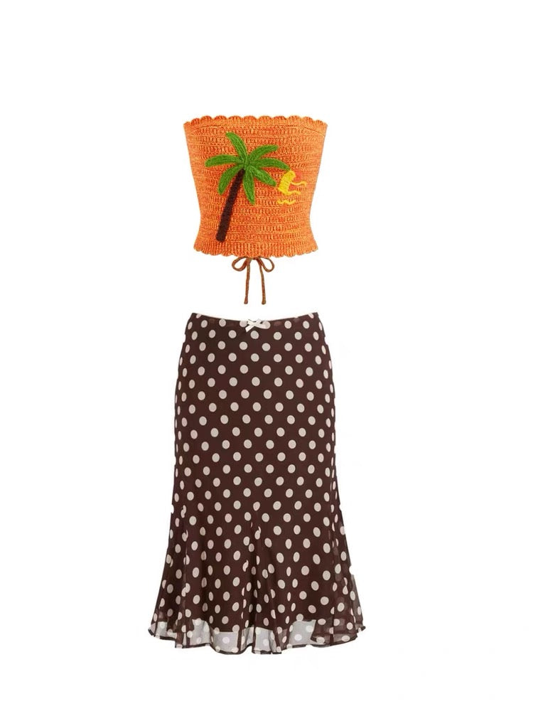 Orange Top + Brown Polka Dot Skirt Two Piece Set