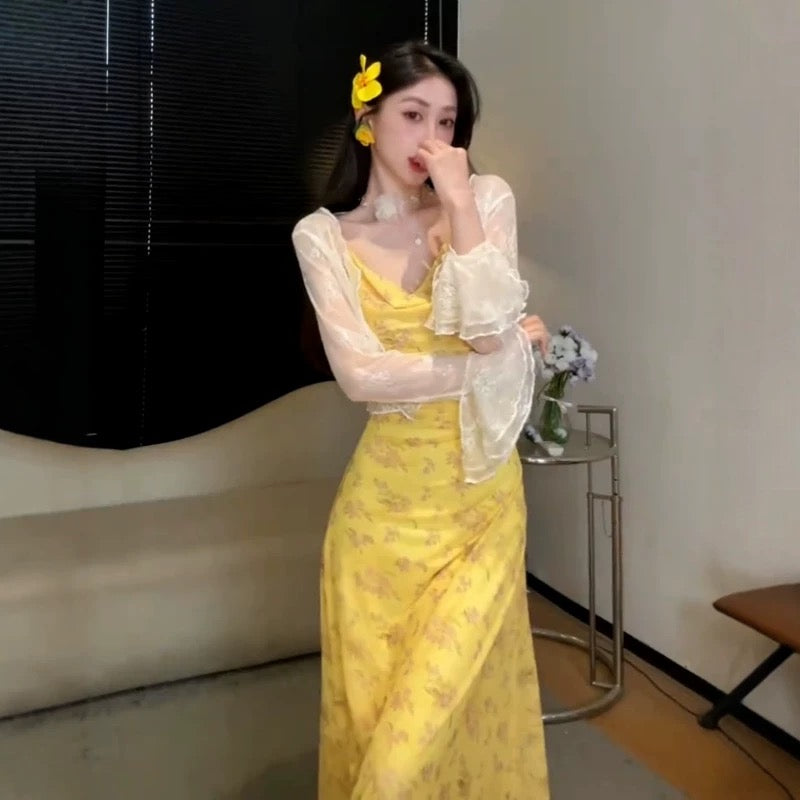 Mini Floral Yellow Mesh Maxi Dress