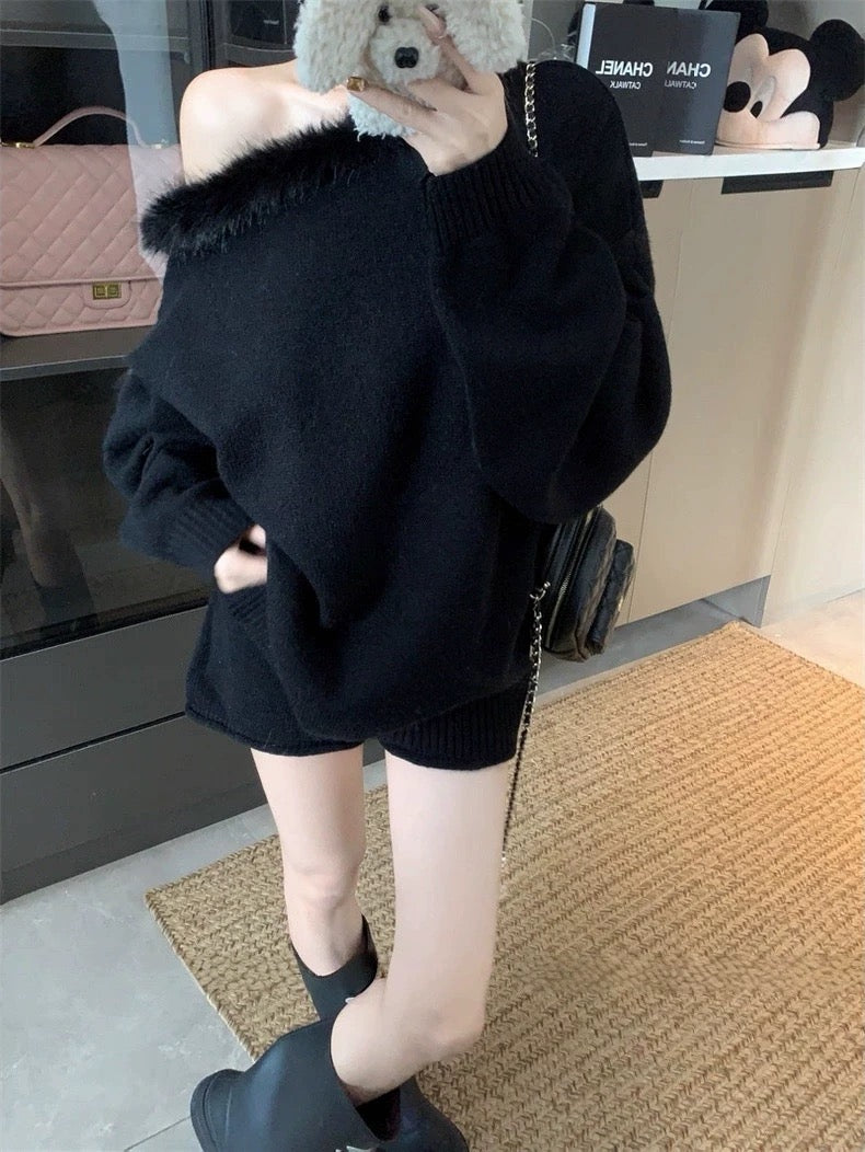 Black Knitted Top + Shorts Two Piece Set