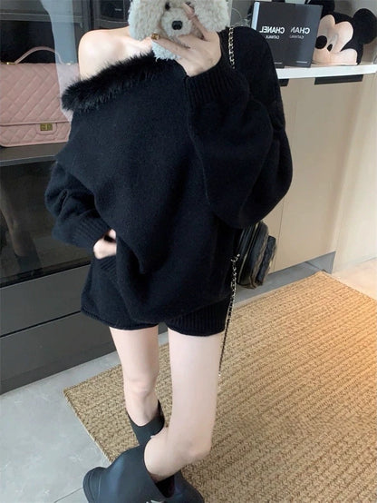 Black Knitted Top + Shorts Two Piece Set