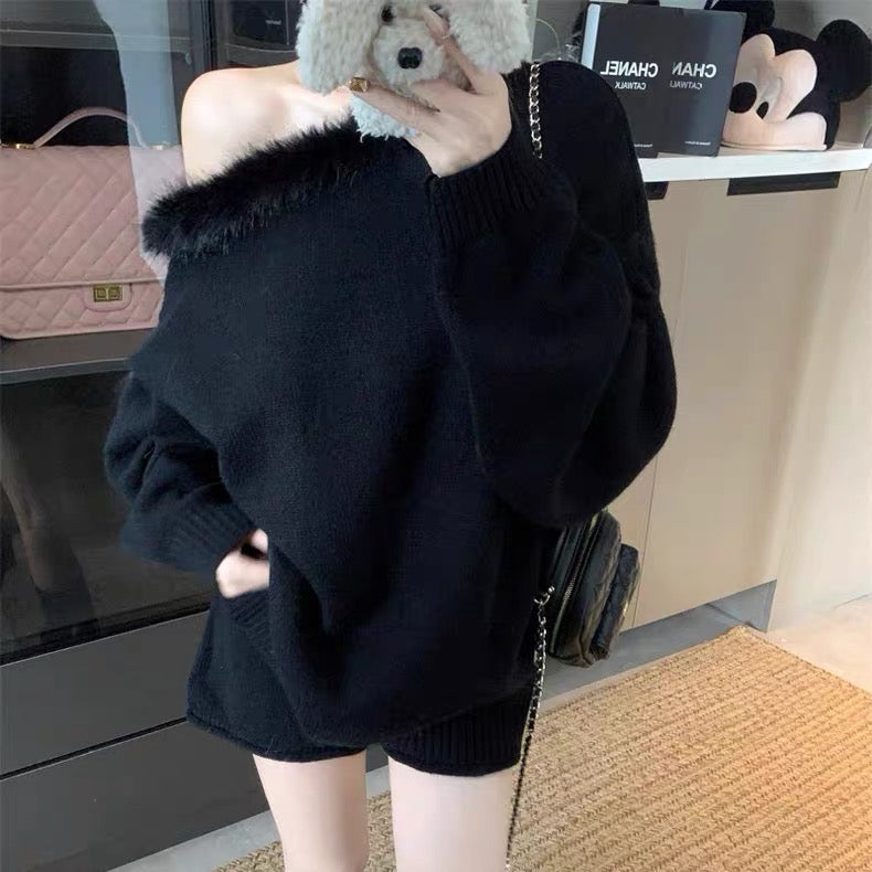 Black Knitted Top + Shorts Two Piece Set