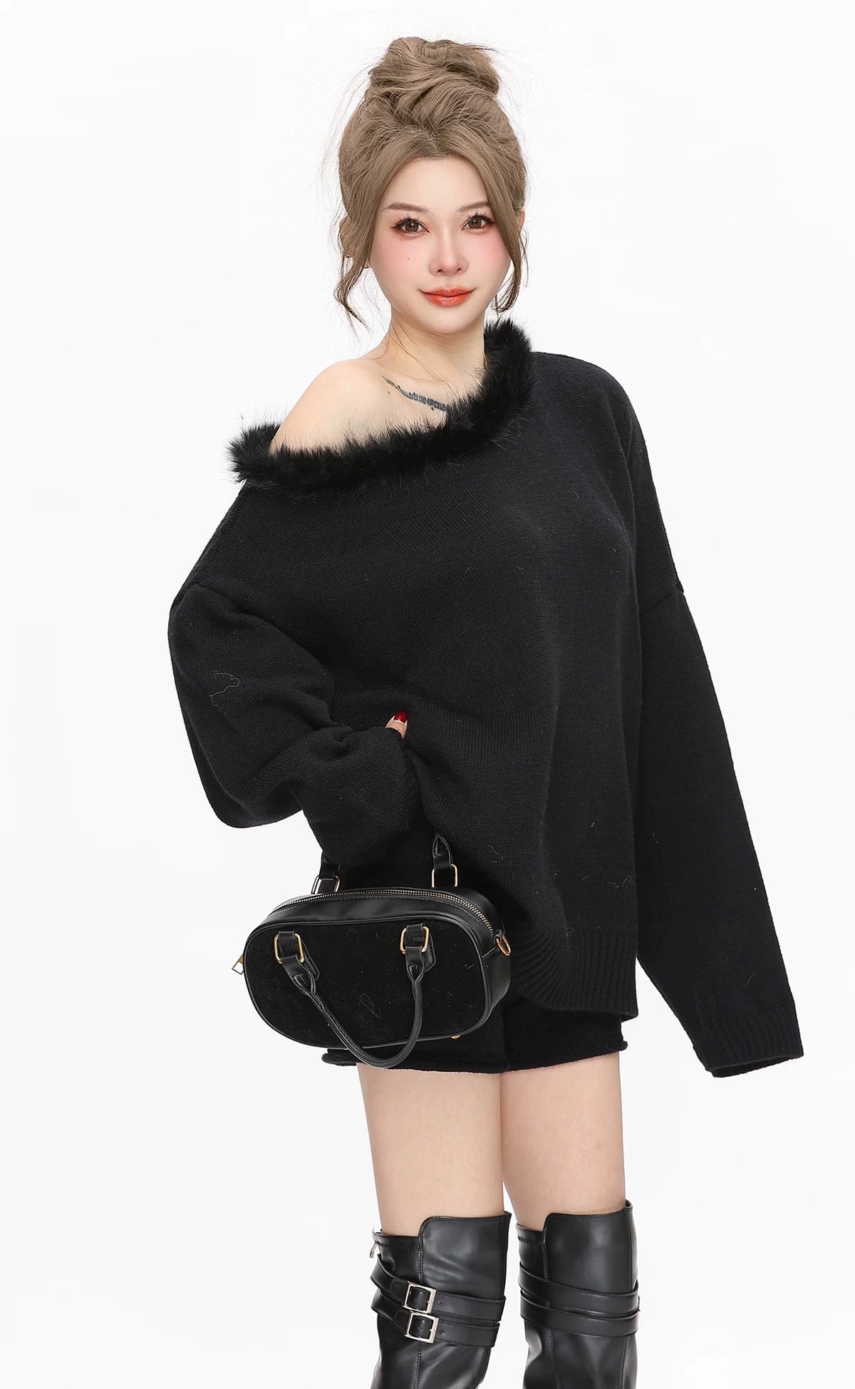 Black Knitted Top + Shorts Two Piece Set